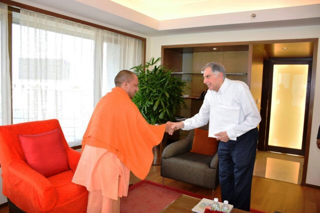 Industralist Ratan Tata Shaking hands with CM, Yogi.